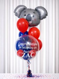 Aussie citizenship balloon bouquet with koala balloon and personalised bubble balloon